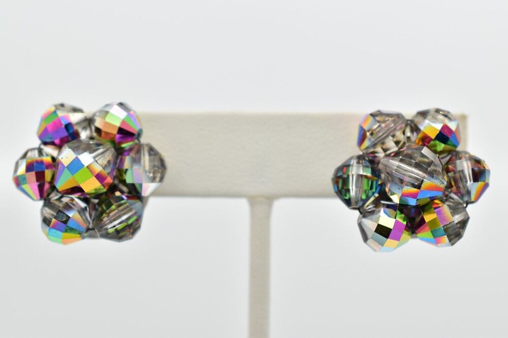 Vintage Clip On Watermelon Crystal Earrings Gray Chrome AB Cluster 1950s 9F